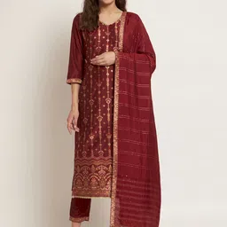 Shopping Queen Ethnic Motifs Woven Design V-Neck Gotta Patti Kurta With Trousers & Dupatta-image-11