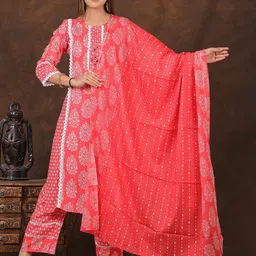 PARTHVI Floral Printed Round Neck Thread Work Kurta with Palazzos & Dupatta-image-97