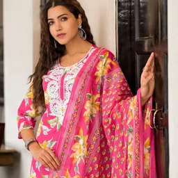 Sangria Printed Yoke Embroidered Kurta With Trousers & Dupatta Set image 2