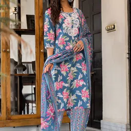 Sangria Yoke Embroidered & Printed Kurta With Trousers & Dupatta Set image 3