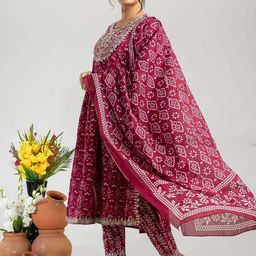 BAESD Ethnic Motifs Yoke Design Regular Thread Work A-Line Kurta With Trouser & Dupatta image 4