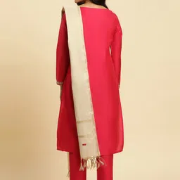 W Pink Ethnic Motifs Yoke Design Regular Sequinned Kurta With Trousers & Dupatta image 4