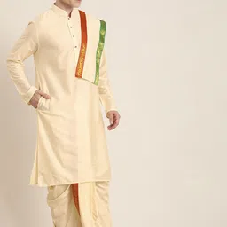 VASTRAMAY Men Cream-Coloured Kurta With Dhoti Pants And Dupatta Set image 5