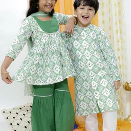 VASTRAMAY Girls Ethnic Motifs Printed Gotta Patti Pure Cotton Kurti With Sharara & Dupatta-image-52