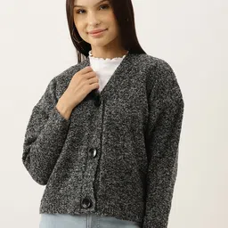 BROOWL Women Charcoal Grey Woollen Speckled Cardigan-image-33