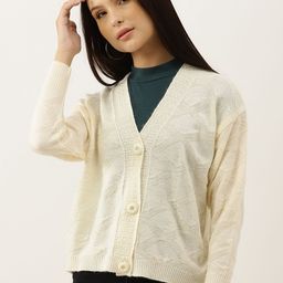 BROOWL Women Cream-Coloured Woollen Self-Design Cardigan-86