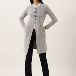BROOWL Women Blue & Grey Woollen Self-Striped Longline Cardigan-image-36