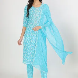 Divena Floral Printed Gotta Patti Pure Cotton Straight Kurta with Trousers & Dupatta-picture-22