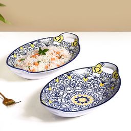 Nestasia Set of 2 White & Blue Mandala Printed Ceramic Bakeware With Handle-24