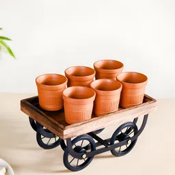 Nestasia Brown 6 Pieces Textured Terracotta Matte Kulladhs With Push Cart Platter 100 ml-0