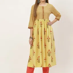 FABRIC FITOOR Women Yellow & Red Floral Printed Floral Anarkali Kurta-image-8