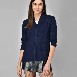 Women Solid V Neck Blue Sweater-image-1