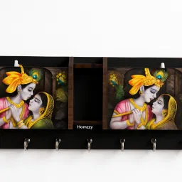Keyholder of Radhakrishan Ji 2 Pocket Pen stand 7 Hook with Yellow Print Wood Key Holder-image-8