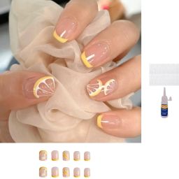 CITRUS DESIGN YELLOW FRENCH FALSE PRESS ON FINGER NAILS WITH GLUE STICKER YELLOW-19
