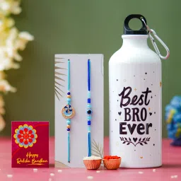 Designer Rakhi Gift Set For Brother Combo With Roli Chawal Greeting Card- SIP-8-C39-C18 Mauli Thread Bottle, Rakhi, Greeting Card, Chawal Roli Pack Set-image-6