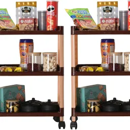 Pack of 2 Multipurpose 3-Layer Storage Trolley Rack with Wheels | Brown Plastic Kitchen Trolley-25