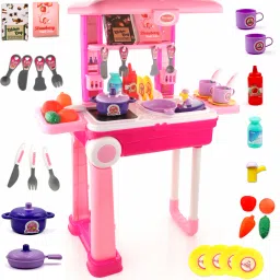 Kitchen Suitcase Cooking Set for Girls On Wheels 24 Pieces Kitchen Set Trolley-image-3