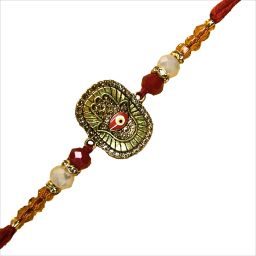 Religious Premium Evil Eye Hamsa Hand Rakhi in Red & Gold | Handcrafted Rakhi Pearl Rakhi Set-image-8