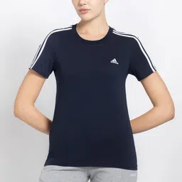 adidas Women Striped Crew Neck Pure Cotton Blue T-Shirt-picture-31