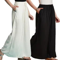 vedana Pack of 2 Women Flared White, Black Viscose Rayon Trousers-picture-29
