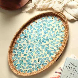 habereindia Blue Cane Oval Serving Tray - Large-picture-41