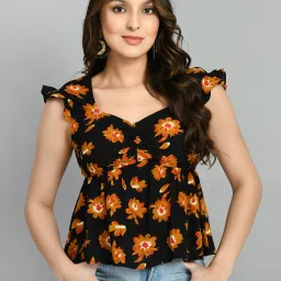 Casual Cap Sleeves Printed Women Black Top-image-50