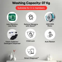 lg 7 kg 5 Star, Allergen free with Steam, Inverter Direct Drive - Less vibration, less noise, 6 Motion Direct Drive, Touch Panel, 1200 RPM, Essence Fully Automatic Front Load with In-built Heater White image 2