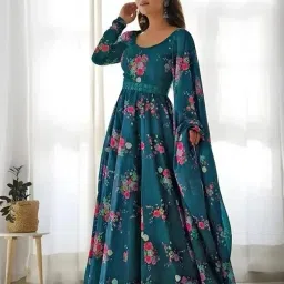 Floral Print, Printed, Polka Print, Geometric Print, Graphic Print, Embellished, Solid, Self Design Georgette Stitched Anarkali Gown-9