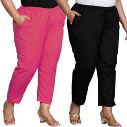 Pack of 2 Women Regular Fit Pink, Black Pure Cotton Trousers-image-63