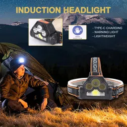 ecosky USB LED Rechargeable Headlamp Torch With Warning RED and blue Indicator light Torch image 4