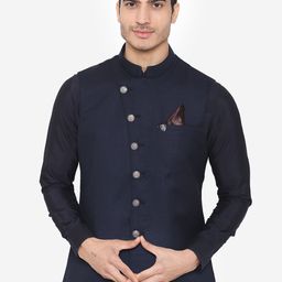 Manu Men Navy Blue & Black Woven Design Nehru Jacket-34