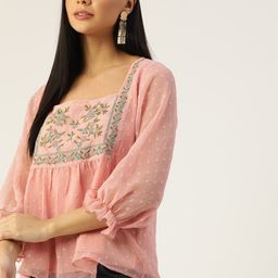 Antheaa Peach-Coloured & Green Embroidered Dobby Weave Top-image-38