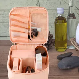 Kuber Industries Peach Water Resistant Makeup Kit Box-48