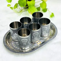 Serving Meenakari Steel Tray Set Lemon Set Gifts Glass Tray Set-6