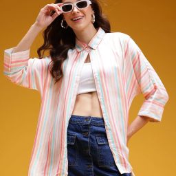 Women Oversized Fit Striped Casual Shirt-image-1