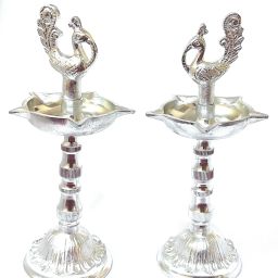 White Metal Peacock Design Kuthuvilakku set for Home Silver (Pack of 2) Table Diya Set-image-103