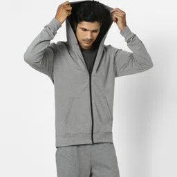 Men Sweatshirt With Hood and Zip 100 For Gym-Navy/Grey-81