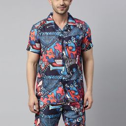 Bushirt Men Navy Blue & Red Printed Night suit-image-90