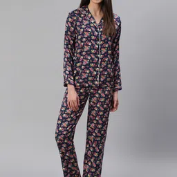 Cation Women Navy Blue & Pink Printed Night Suit-image-81
