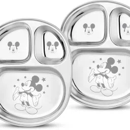 Pack of 2 Stainless Steel 3 In 1 Dinner Compartment Plates For Kids, Laser Design - Mickey Mouse Dinner Set-21