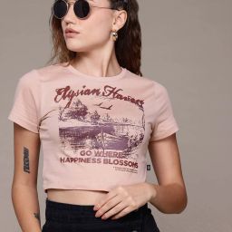 Women Printed Round Neck Pure Cotton Pink T-Shirt-image-99