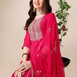 KALINI Ethnic Motifs Yoke Design Sequinned A Line Kurta With Palazzos & Dupatta image 2