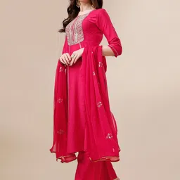 KALINI Ethnic Motifs Yoke Design Sequinned A Line Kurta With Palazzos & Dupatta image 4