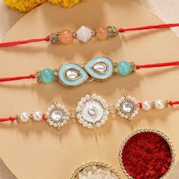 KARATCART Set of 3 Meenakari Floral Kundan Rakhis with Roli & Chawal-image-10