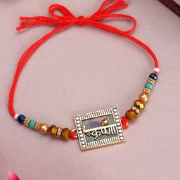 PANASH Gold-Plated Name Of Krishna Shaped Stone Studded Rakhi With Roli Chawal-image-21