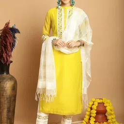 Tulsattva Floral Yoke Design Regular Thread Work Kurta With Trousers & Dupatta image 1