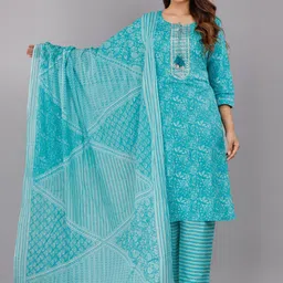 JC4U Floral Printed Tie-Up Neck Thread Work Pure Cotton Kurta with Trousers & With Dupatta image 1