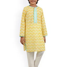 frangipani Boys Yellow & White Chevron Printed Pure Cotton Kurta with Churidar-picture-5