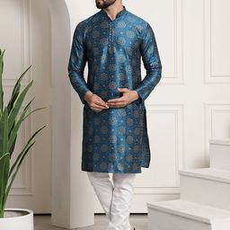 SOJANYA Men Teal Blue & White Ethnic Motifs Printed Regular Kurta with Churidar-picture-54