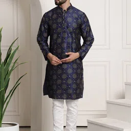 SOJANYA Men Navy Blue & White Ethnic Motifs Printed Regular Kurta with Churidar-picture-41